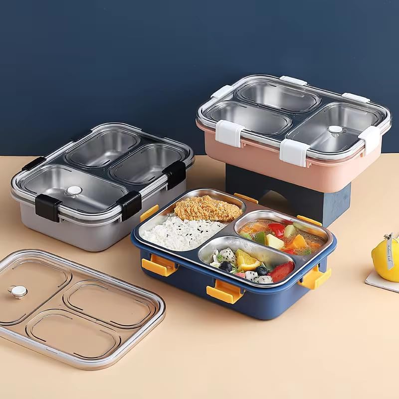 3 Compartment Stainless Steel Lunch Box, Leakage Proof Lunch Box for School Kids and Adults Pack of 1