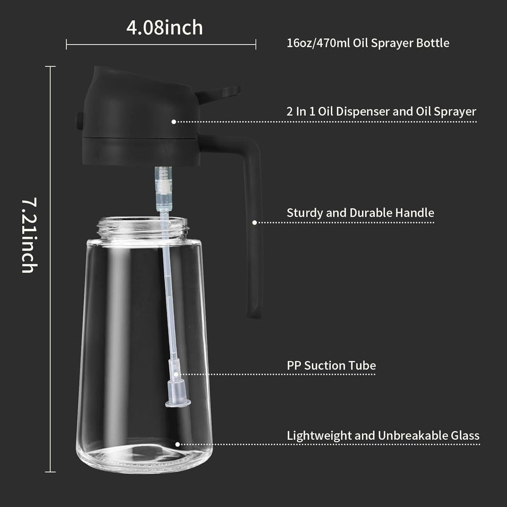 Oil Dispenser Bottle for Kitchen - 2 in 1 Olive Oil Dispenser and Oil Sprayer - 500ml Olive Oil Bottle - Oil Sprayer for Cooking, Kitchen, Salad, Barbecue 1 Pcs