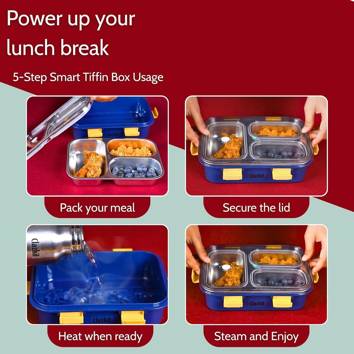 3 Compartment Stainless Steel Lunch Box, Leakage Proof Lunch Box for School Kids and Adults Pack of 1