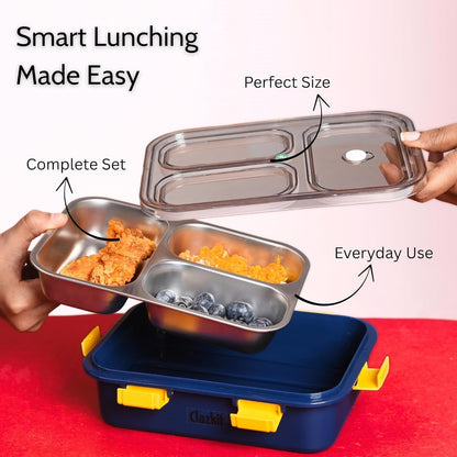 3 Compartment Stainless Steel Lunch Box, Leakage Proof Lunch Box for School Kids and Adults Pack of 1