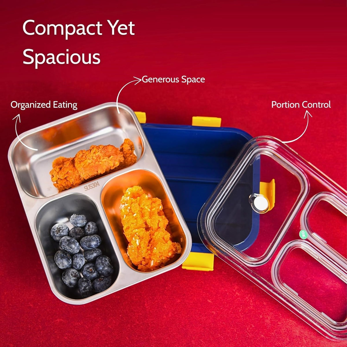 3 Compartment Stainless Steel Lunch Box, Leakage Proof Lunch Box for School Kids and Adults Pack of 1