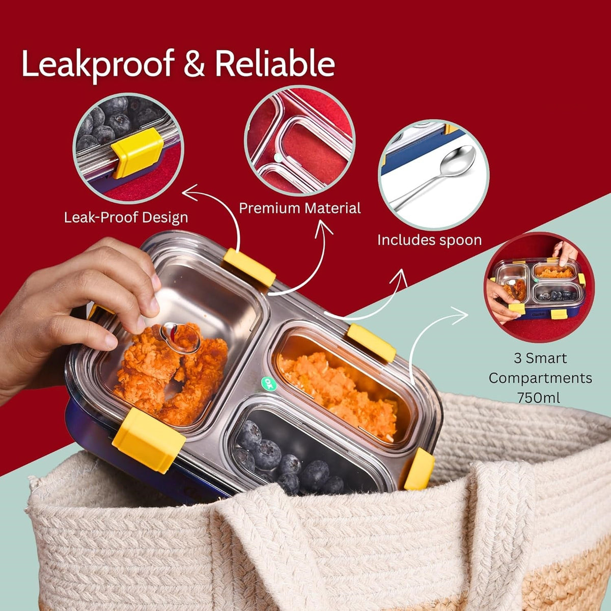 3 Compartment Stainless Steel Lunch Box, Leakage Proof Lunch Box for School Kids and Adults Pack of 1