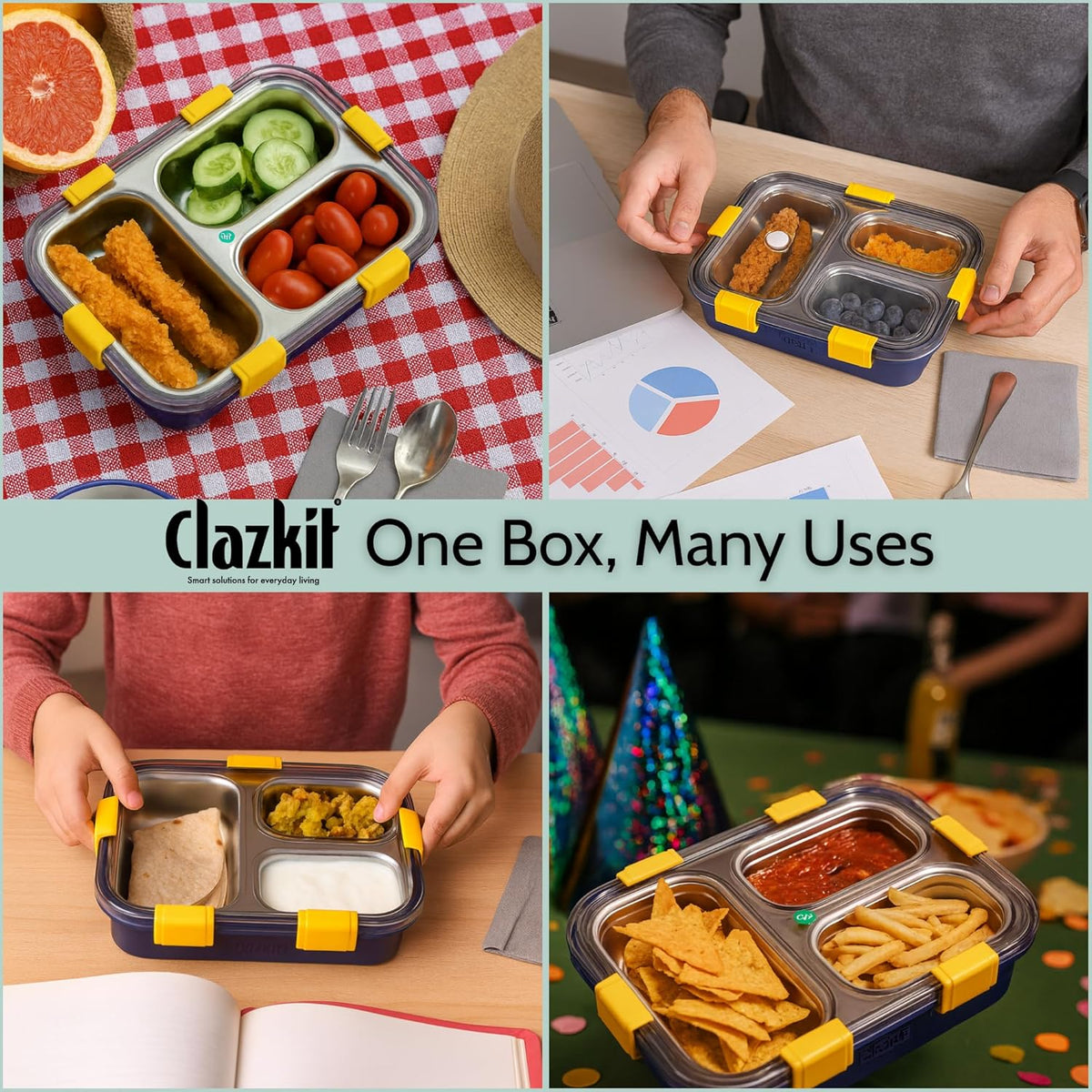 3 Compartment Stainless Steel Lunch Box, Leakage Proof Lunch Box for School Kids and Adults Pack of 1