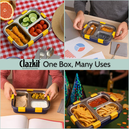 3 Compartment Stainless Steel Lunch Box, Leakage Proof Lunch Box for School Kids and Adults Pack of 1